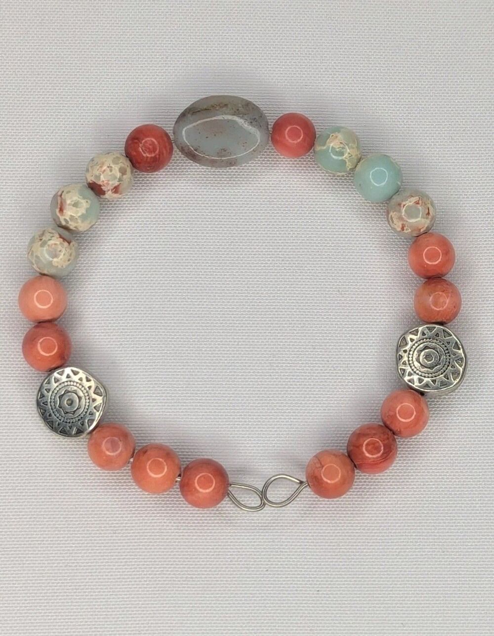 Adjustable Bracelet - Cuff, One Size, Blue & Orange Amazonite Gemstones NEW